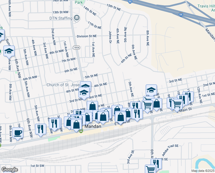 map of restaurants, bars, coffee shops, grocery stores, and more near 408 2nd Avenue Northeast in Mandan