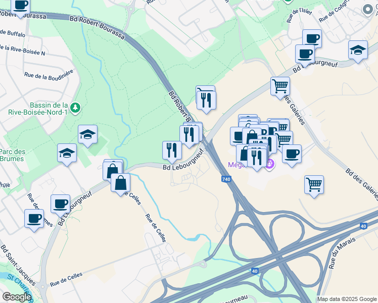 map of restaurants, bars, coffee shops, grocery stores, and more near 2000 Boulevard Lebourgneuf in Québec