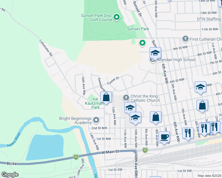 map of restaurants, bars, coffee shops, grocery stores, and more near 898-998 12th Avenue Northwest in Mandan