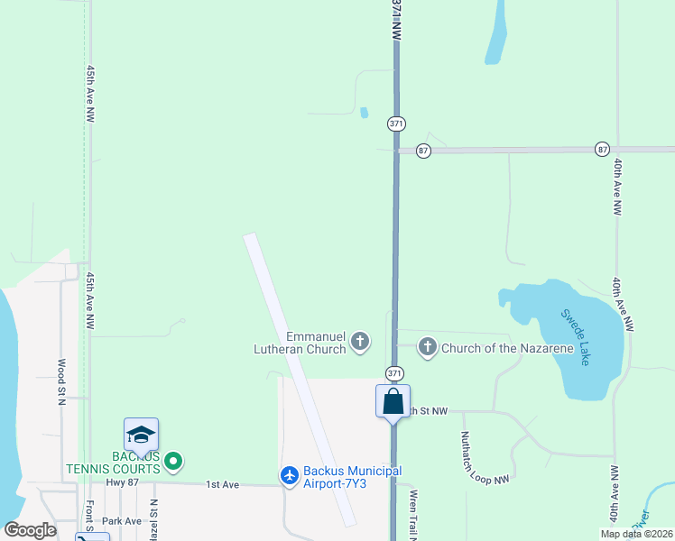 map of restaurants, bars, coffee shops, grocery stores, and more near 715 State 371 Frontage Northwest in Backus