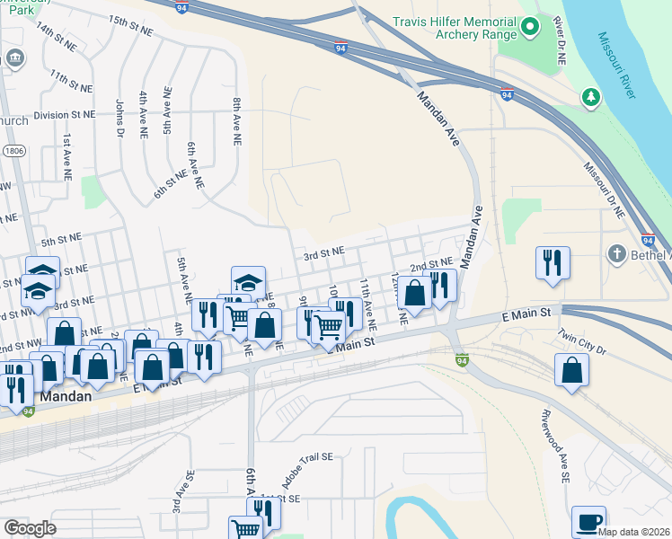map of restaurants, bars, coffee shops, grocery stores, and more near 1112 3rd Avenue Northeast in Mandan