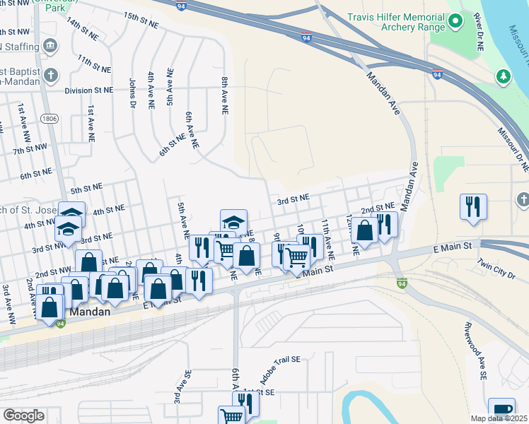 map of restaurants, bars, coffee shops, grocery stores, and more near 405 9th Avenue Northeast in Mandan