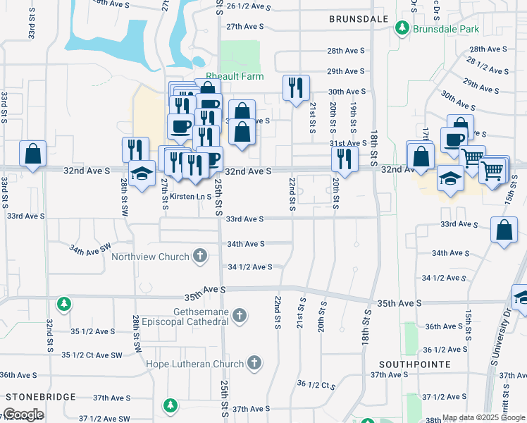 map of restaurants, bars, coffee shops, grocery stores, and more near 2400 32nd Avenue South in Fargo
