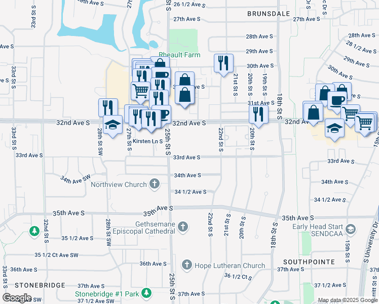 map of restaurants, bars, coffee shops, grocery stores, and more near 2400 32nd Avenue South in Fargo