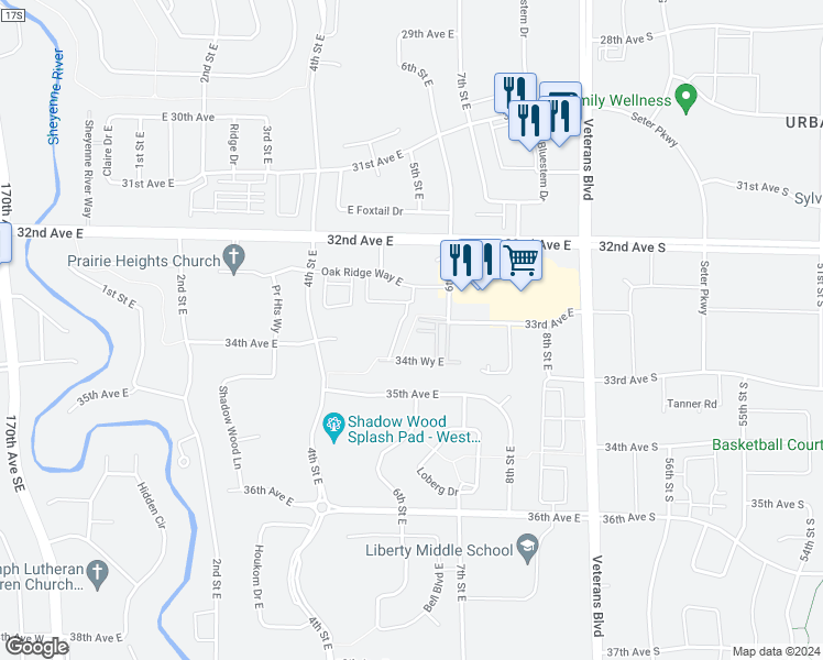 map of restaurants, bars, coffee shops, grocery stores, and more near 3509 6th Street East in West Fargo