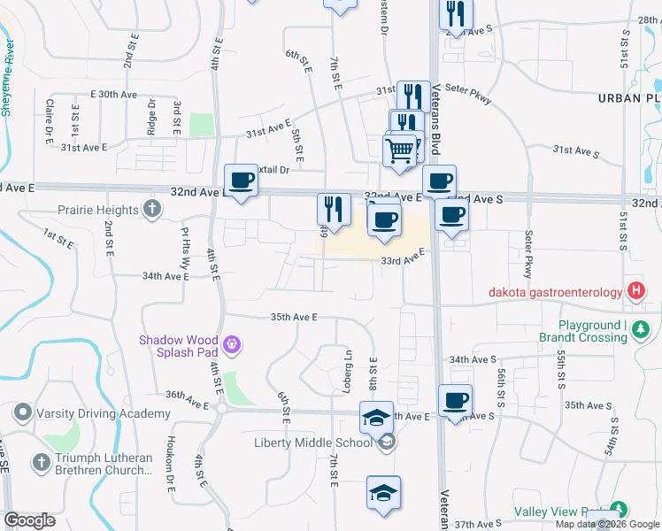 map of restaurants, bars, coffee shops, grocery stores, and more near 635 32nd Avenue East in West Fargo