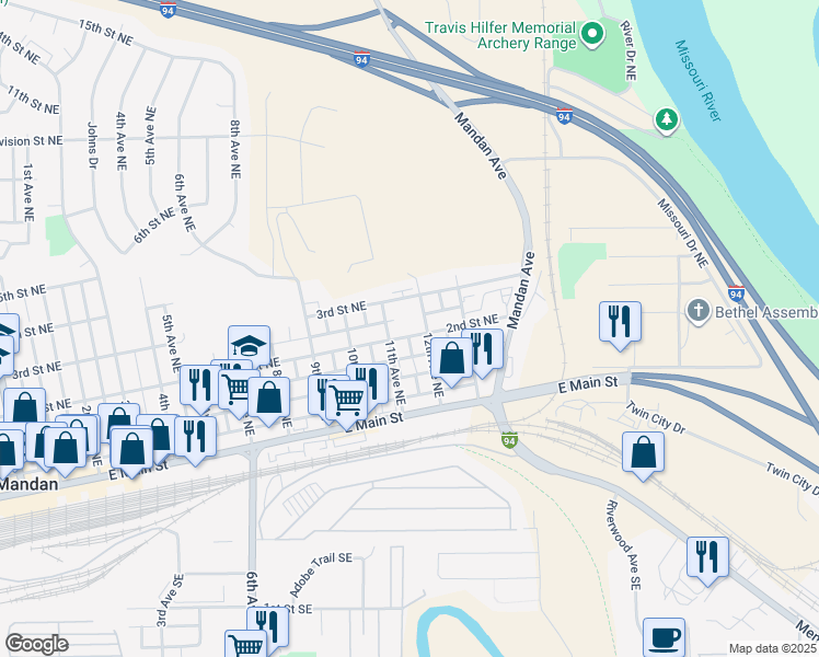 map of restaurants, bars, coffee shops, grocery stores, and more near 1206 2nd Street Northeast in Mandan