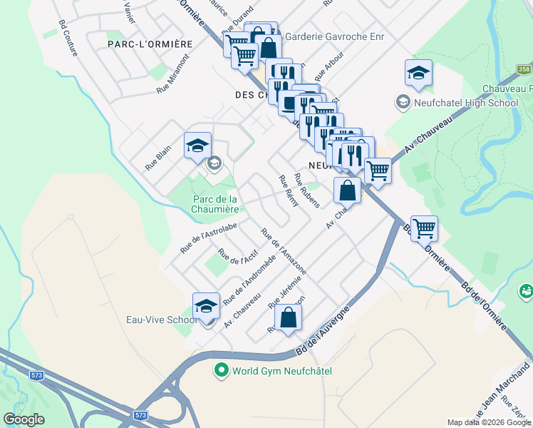 map of restaurants, bars, coffee shops, grocery stores, and more near 9271 Carré Richard in Quebec