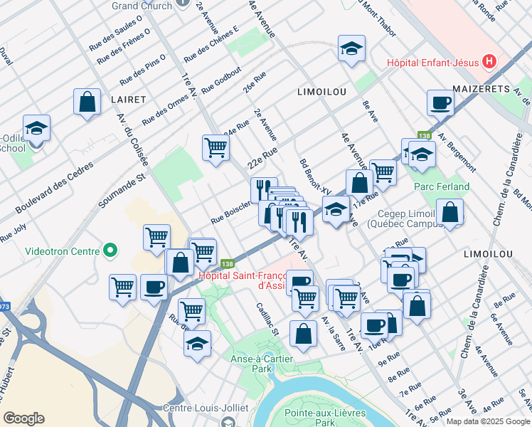 map of restaurants, bars, coffee shops, grocery stores, and more near 1945 1re Avenue in Québec