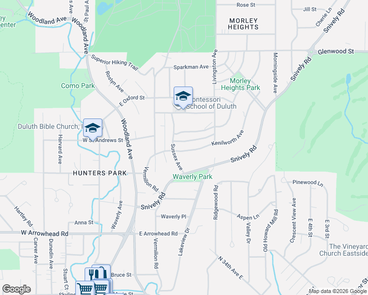 map of restaurants, bars, coffee shops, grocery stores, and more near 306 Leicester Avenue in Duluth