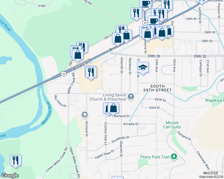 map of restaurants, bars, coffee shops, grocery stores, and more near 4321 Cold Springs Court in Missoula