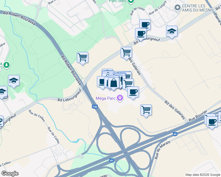 map of restaurants, bars, coffee shops, grocery stores, and more near 5401 Boulevard des Galeries in Québec