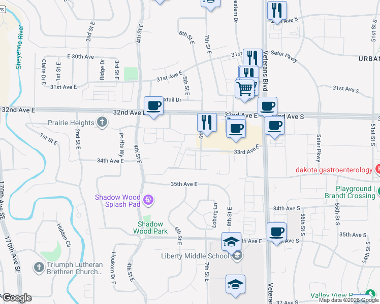 map of restaurants, bars, coffee shops, grocery stores, and more near 3509 6th Street East in West Fargo