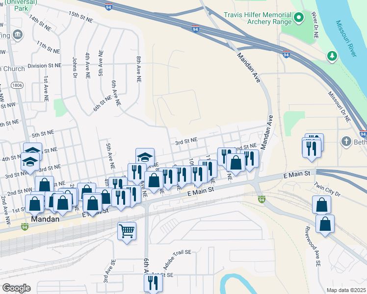 map of restaurants, bars, coffee shops, grocery stores, and more near 896-1010 3rd Street Northeast in Mandan