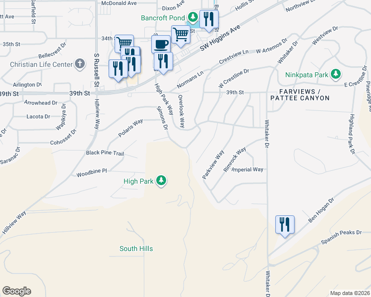 map of restaurants, bars, coffee shops, grocery stores, and more near 306 Simons Drive in Missoula