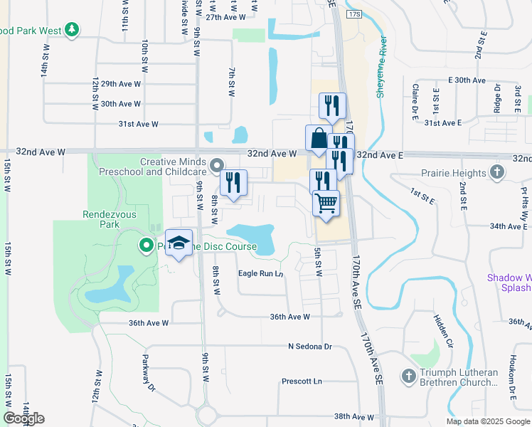 map of restaurants, bars, coffee shops, grocery stores, and more near 615 33rd Avenue West in West Fargo