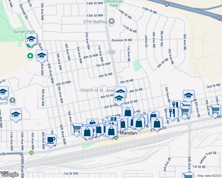 map of restaurants, bars, coffee shops, grocery stores, and more near 509 Collins Avenue in Mandan