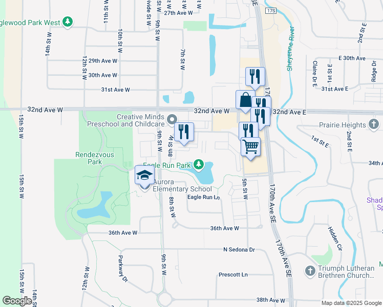map of restaurants, bars, coffee shops, grocery stores, and more near 627 33rd Avenue West in West Fargo