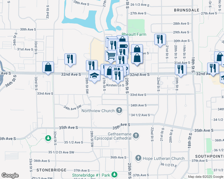 map of restaurants, bars, coffee shops, grocery stores, and more near 2610 Kirsten Lane South in Fargo