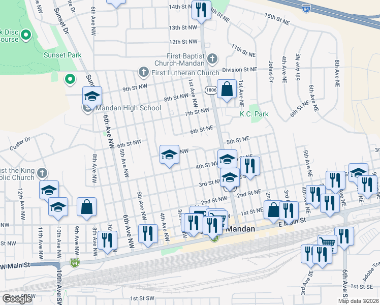 map of restaurants, bars, coffee shops, grocery stores, and more near 342-372 5th Street Northwest in Mandan
