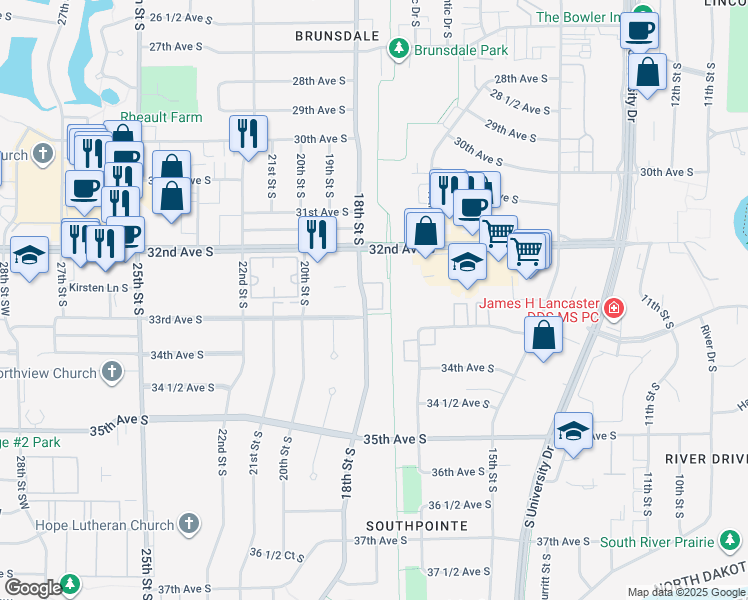 map of restaurants, bars, coffee shops, grocery stores, and more near 3256 18th Street South in Fargo