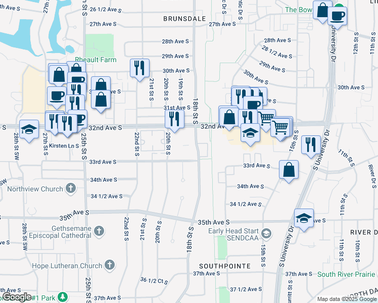 map of restaurants, bars, coffee shops, grocery stores, and more near 3270 20th Street South in Fargo