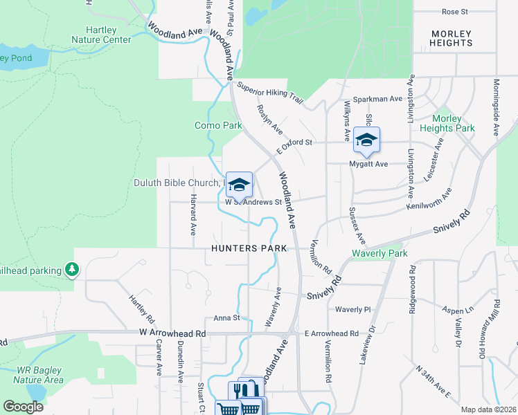map of restaurants, bars, coffee shops, grocery stores, and more near 112 West Saint Andrews Street in Duluth