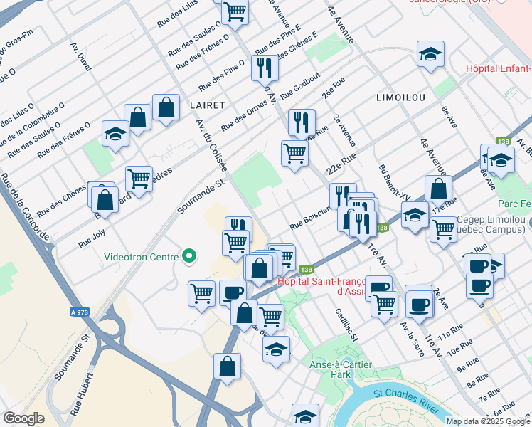 map of restaurants, bars, coffee shops, grocery stores, and more near 82 Boulevard des Alliés in Ville de Québec