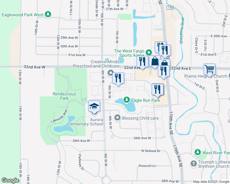 map of restaurants, bars, coffee shops, grocery stores, and more near 639 8th Street West in West Fargo