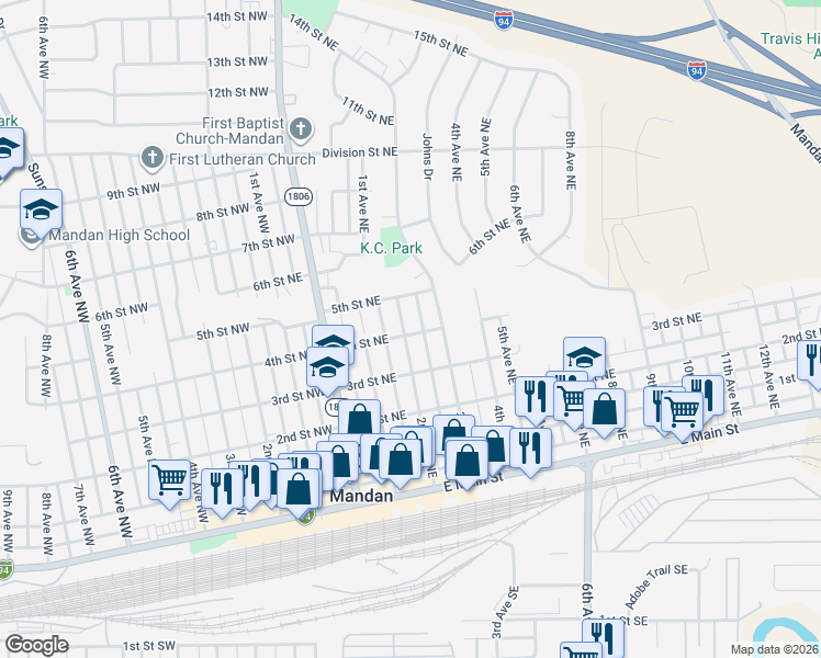 map of restaurants, bars, coffee shops, grocery stores, and more near 503 3rd Avenue Northeast in Mandan