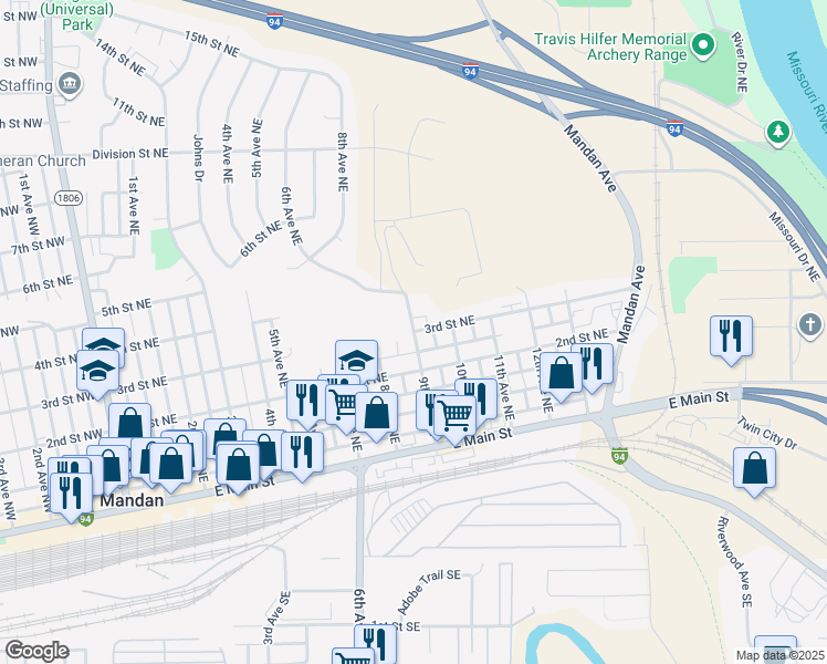 map of restaurants, bars, coffee shops, grocery stores, and more near 896 3rd Street Northeast in Mandan