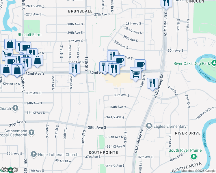 map of restaurants, bars, coffee shops, grocery stores, and more near 1644 Tom Williams Dr S in Fargo