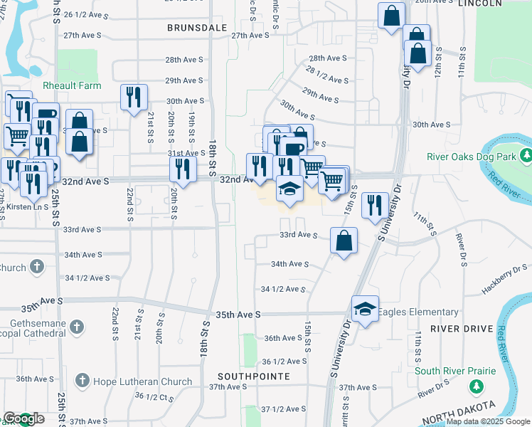 map of restaurants, bars, coffee shops, grocery stores, and more near 1644 Tom Williams Drive South in Fargo