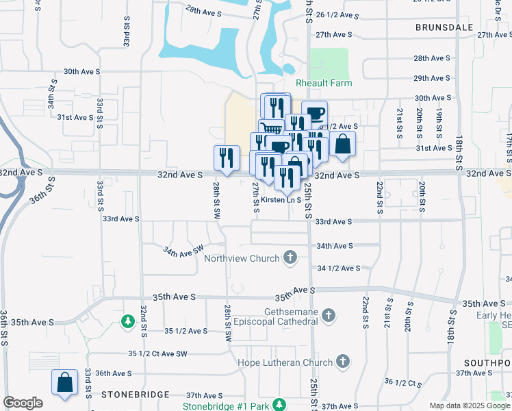 map of restaurants, bars, coffee shops, grocery stores, and more near 3233-3259 27th St S in Fargo