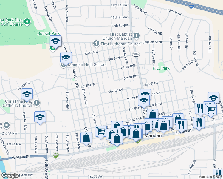map of restaurants, bars, coffee shops, grocery stores, and more near 342 5th Street Northwest in Mandan