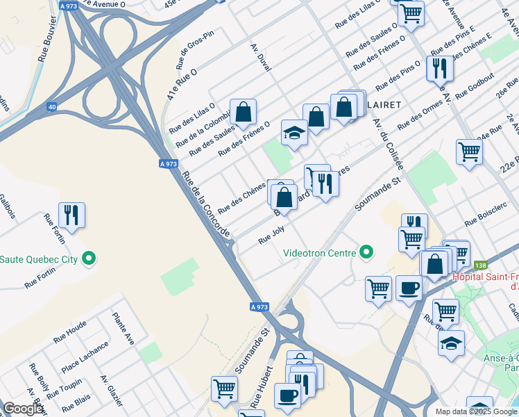 map of restaurants, bars, coffee shops, grocery stores, and more near 335 Rue des Bouleaux Ouest in Ville de Québec