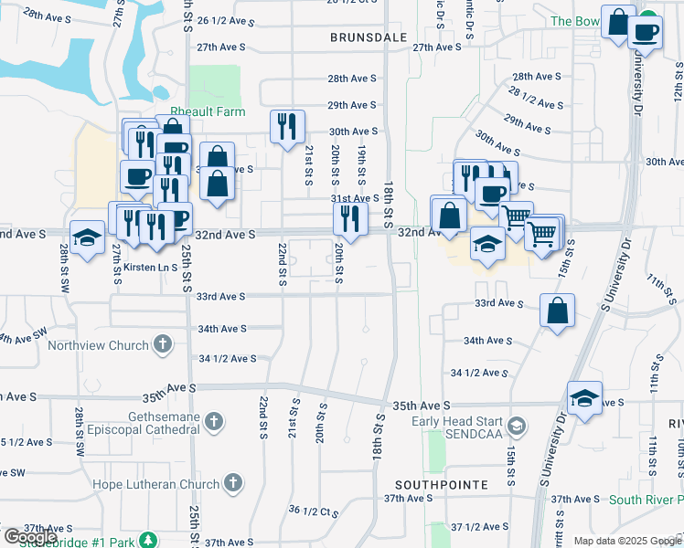map of restaurants, bars, coffee shops, grocery stores, and more near 3266 20th Street South in Fargo