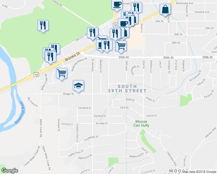 map of restaurants, bars, coffee shops, grocery stores, and more near 4389 South Reserve Street in Missoula