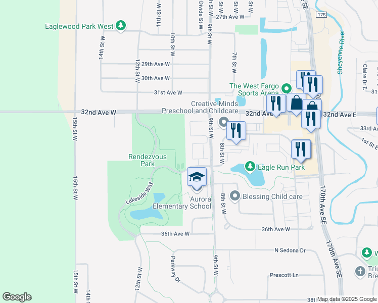 map of restaurants, bars, coffee shops, grocery stores, and more near 3272 9th Street West in West Fargo
