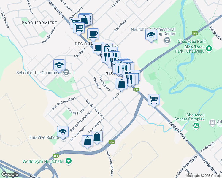 map of restaurants, bars, coffee shops, grocery stores, and more near 9150 Rue Rubens in Québec