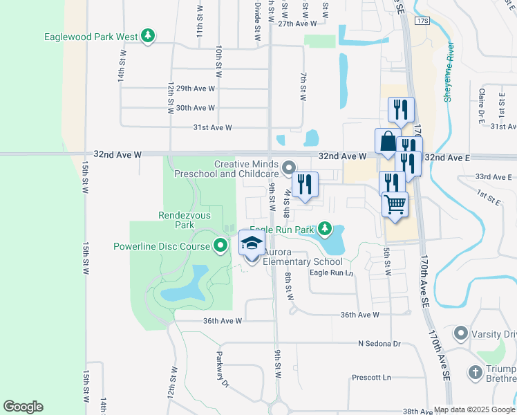 map of restaurants, bars, coffee shops, grocery stores, and more near 3256 9th Street West in West Fargo