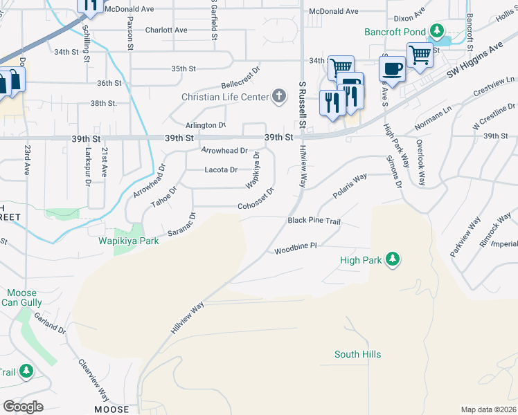 map of restaurants, bars, coffee shops, grocery stores, and more near 125 Cohosset Drive in Missoula