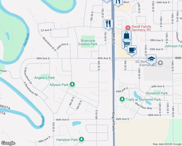 map of restaurants, bars, coffee shops, grocery stores, and more near 463 42nd Avenue South in Moorhead
