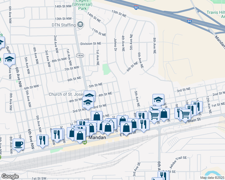 map of restaurants, bars, coffee shops, grocery stores, and more near 503 3rd Avenue Northeast in Mandan