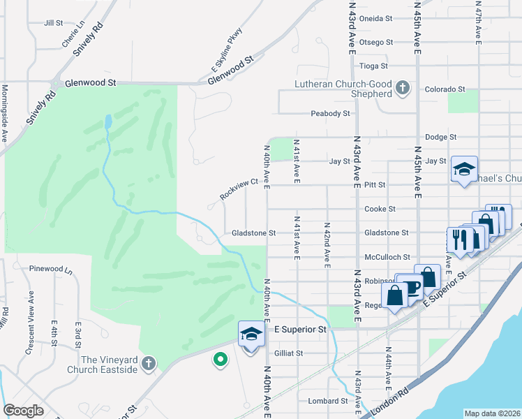 map of restaurants, bars, coffee shops, grocery stores, and more near 904 Northland Avenue in Duluth