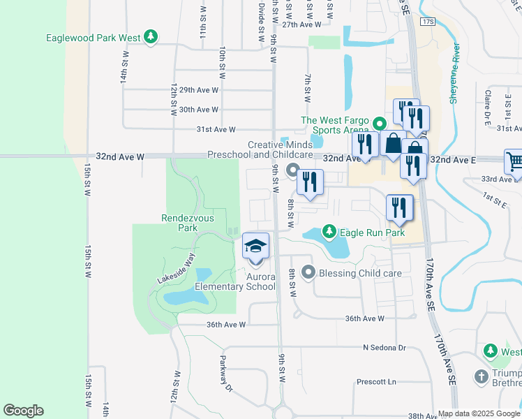 map of restaurants, bars, coffee shops, grocery stores, and more near 3272 9th Street West in West Fargo