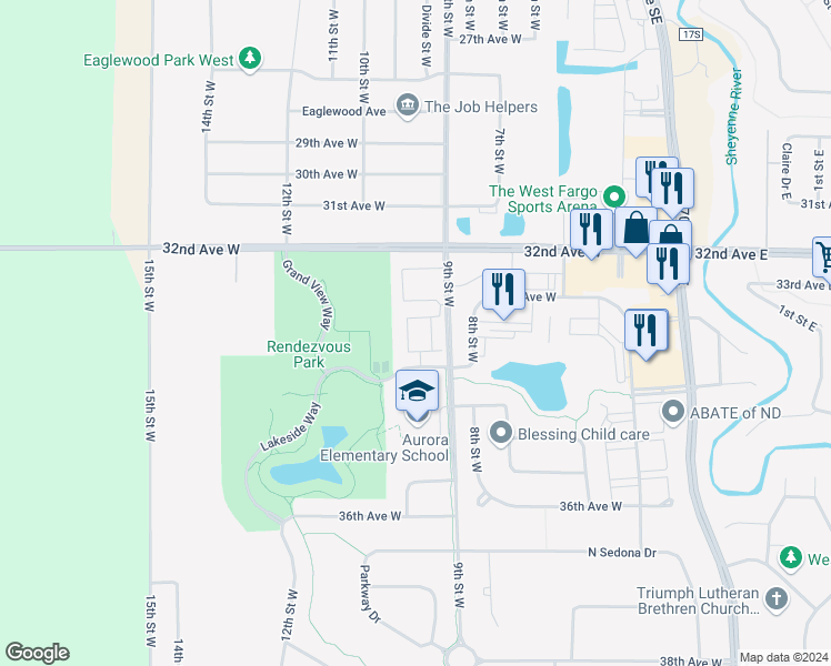 map of restaurants, bars, coffee shops, grocery stores, and more near 3272 9th Street West in West Fargo