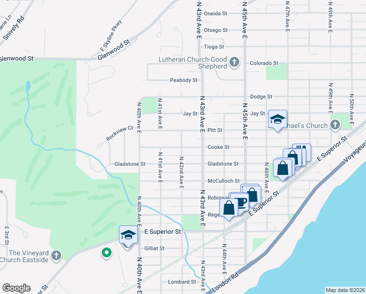 map of restaurants, bars, coffee shops, grocery stores, and more near 4207 Cooke St in Duluth