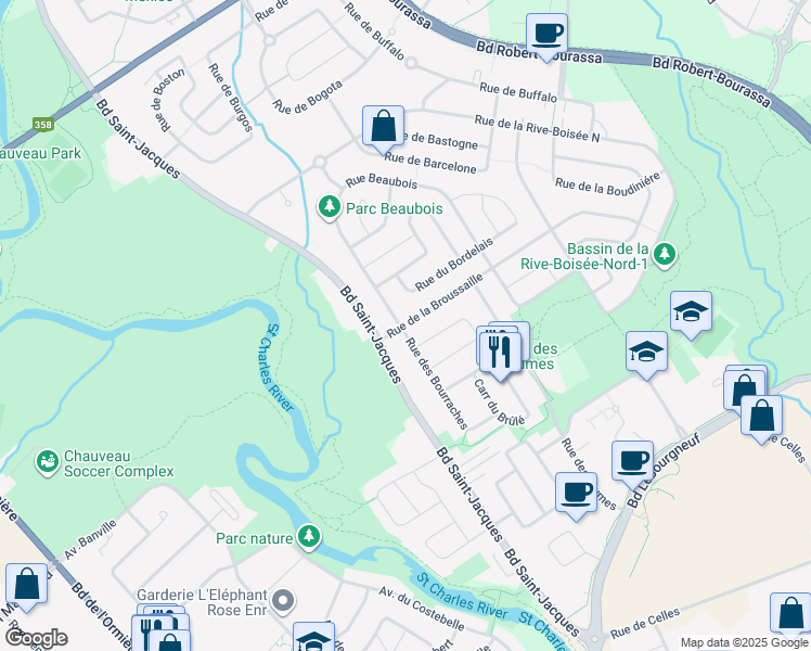 map of restaurants, bars, coffee shops, grocery stores, and more near 2925 Rue de la Broussaille in Quebec