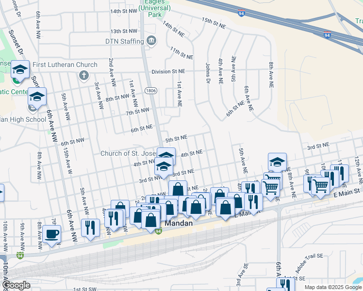 map of restaurants, bars, coffee shops, grocery stores, and more near 506 1st Avenue Northeast in Mandan